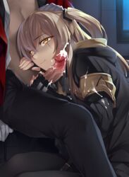 1boy 1girls armband bangs black_gloves black_legwear black_pants blush brown_hair censored closed_mouth clothed cum cum_on_body cum_on_clothes cum_on_upper_body cumshot dark-skinned_male dark_skin ejaculation eyebrows_visible_through_hair female fingerless_gloves girls'_frontline gloved_handjob gloves hair_between_eyes hair_ornament half-closed_eyes hand_on_another's_head handjob head_rest head_tilt hood hood_down hooded_jacket indoors interracial jacket light-skinned_female light_skin long_hair looking_at_viewer male mosaic_censoring night one_side_up open_clothes open_jacket open_shirt pants pantyhose penis penis_out pointless_censoring scar scar_across_eye shaded_face shirt sitting smile solo_focus straight tsuki_tokage ump45_(girls'_frontline) white_gloves white_shirt window yellow_eyes