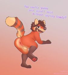 2018 anthro ass balls dialogue digital_media_(artwork) english_text hair looking_at_viewer male male_only mammal nude open_mouth presenting presenting_hindquarters red_panda simple_background skymafia smile solo text