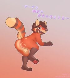 2018 after_sex anthro anus ass balls big_butt blush cum cum_on_butt dialogue hair japanese_text looking_at_viewer male mammal nude open_mouth presenting presenting_hindquarters red_panda simple_background skymafia smile solo sweat text yaoi