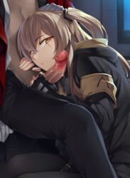 1boy 1girls armband bangs black_gloves black_legwear black_pants blush brown_hair censored closed_mouth clothed dark-skinned_male dark_skin eyebrows_visible_through_hair female fingerless_gloves girls'_frontline gloved_handjob gloves hair_between_eyes hair_ornament hand_on_another's_head handjob head_rest head_tilt hood hood_down hooded_jacket indoors interracial jacket light-skinned_female light_skin long_hair looking_at_viewer male mosaic_censoring night one_side_up open_clothes open_jacket open_shirt pants pantyhose penis penis_out pointless_censoring precum scar scar_across_eye shirt sitting solo_focus straight tsuki_tokage ump45_(girls'_frontline) white_gloves white_shirt window yellow_eyes