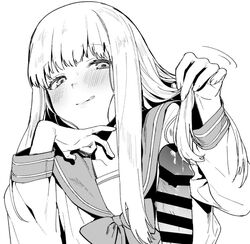 amanekuu bangs bar_censor blush censored female hairjob long_hair monochrome original penis school_uniform serafuku tongue tongue_out upper_body