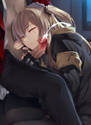 1boy 1girls armband bangs black_gloves black_legwear black_pants blush brown_hair censored closed_mouth clothed cum cumshot dark-skinned_male dark_skin ejaculation eyebrows_visible_through_hair female fingerless_gloves girls'_frontline gloved_handjob gloves hair_between_eyes hair_ornament hand_on_another's_head handjob head_rest head_tilt hood hood_down hooded_jacket indoors interracial jacket light-skinned_female light_skin long_hair looking_at_viewer male mosaic_censoring night one_eye_closed one_side_up open_clothes open_jacket open_shirt pants pantyhose penis penis_out pointless_censoring precum scar scar_across_eye shirt sitting solo_focus straight tsuki_tokage ump45_(girls'_frontline) white_gloves white_shirt window yellow_eyes