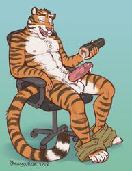 animal_genitalia anthro balls chair chewycuticle clothed clothing cum cum_inside cyan_background feline karnal male male_only mammal messy mostly_nude orgasm pants_down partially_clothed penetrable_sex_toy penis sex_toy sheath shorts solo tiger