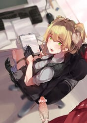 1boy 1girls :o blonde_hair censored chair desk eraser erection eyebrows_visible_through_hair female file from_above girls'_frontline gloves green_eyes heart heart_censor highres jewelry keyboard looking_back mouse_(computer) necktie office_chair pen penis ring sitting skindentation socks surprised thigh_strap twintails welrod_mkii_(girls'_frontline) yueqin_(monnpiano)