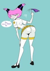 ass bent_over dc_comics frostbiteboi jinx_(dc) looking_at_viewer looking_back panties_removed school_uniform solo stockings striped_panties teen_titans