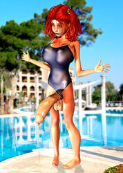 1futa 3d balls big_penis futanari grendel intersex one-piece_swimsuit outdoors pool precum red_hair solo_futa standing swimsuit veiny_penis