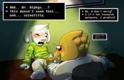 1boy 1girls alphys asriel_dreemurr balls blush bottomless cub dialogue english_text female foreskin fur furry handjob keno9988 male male/female molestation penis scalie testicles text uncut undertale young