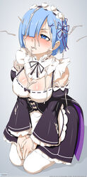 1girls big_breasts blue_eyes blue_hair blush bukkake cleavage cum cum_in_hair cum_in_mouth cum_on_clothes dress facial female kneeling kojack large_breasts maid maid_dress maid_headdress maid_uniform matching_hair/eyes on_knees re:zero_kara_hajimeru_isekai_seikatsu rem_(re:zero) short_hair