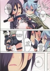 artist_request black_hair blue_hair cat_ears clothed clothing comic english_text female hair handcuffs human kirito kirito_(sao-ggo) knife male mammal page_6 shackles shinokawa_arumi sinon straight sword_art_online text the_darkness