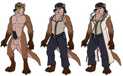 2013 amocin anthro balls black_nose black_penis brown_fur claws clothed clothing digital_media_(artwork) erection fur green_eyes gull_(amocin) looking_at_viewer male mammal model_sheet mustelid nude otter paws penis simple_background smile solo white_background