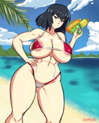 abs areolae bare_shoulders beach bikini black_hair blue_eyes blush breasts cameltoe color duo_kawa erect_nipples female female_only huge_breasts kill_la_kill kiryuuin_satsuki large_areolae large_breasts looking_at_viewer micro_bikini midriff muscular_female navel nipples puffy_nipples short_hair smile solo spreading_legs standing sweat swimsuit thick_thighs thighs water_gun