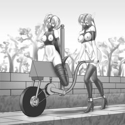 ambiguous_penetration arms_behind_back bondage bound breasts breasts_out coco_(pixiv_artist_1131293) elf female female_only femsub foless gag high_heels ikazuchi_no_senshi_raidy monochrome multiple_girls multiple_subs nipples pointy_ears pussy raidy spreader_bar wooden_horse