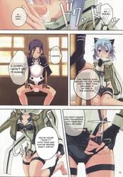 artist_request black_hair blue_hair blush cat_ears censored clothed clothing comic cum cum_in_mouth cum_inside english_text female hair human kirito kirito_(sao-ggo) male mammal page_10 sinon sitting straight sword_art_online text the_darkness