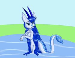 2018 anthro bath bathing blue_eyes blue_hair breasts dragon eastern_dragon fan_character female green_sclera hair horn kendratheshinyeevee lin_long looking_at_viewer nipples nude pussy scalie seductive simple_background skinny_dipping smile solo teeth water