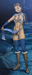 1girls abs areolae avatar_the_last_airbender blue_eyes boots bottomless_loincloth breasts breasts_out brown_hair choker clothing dark-skinned_female dark_skin dildo discreet_vibrator exhibitionism female female_only high_heel_boots high_heels hourglass_figure human inuit katara linked_nipples loincloth loincloth_lift long_hair medium_breasts navel nickelodeon nipple_chain nipple_piercing nipple_rings nipples nipples_to_collar oni_(artist) pelvic_curtain pussy pussy_juice sex_toy small_breasts solo stockings text thighhighs toned_female vaginal_object_insertion vaginal_penetration vibrator watermark wet