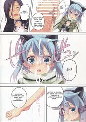 artist_request black_hair blue_hair blush cat_ears censored comic cum cum_on_face cum_on_feet english_text feet female hair human kirito kirito_(sao-ggo) male mammal page_8 sinon straight sword_art_online text the_darkness