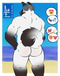 aereous aerrow anthro anus ass barazoku beach beard bulge digital_media_(artwork) eggplant eggplant_emoji emoji facial_hair fur hair hairy hi_res horn hybrid male male_only mammal muscular muscular_male nude seaside solo speech_bubble white_fur