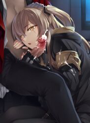 1boy 1girls armband bangs black_gloves black_legwear black_pants blush brown_hair censored clothed cum cum_on_body cum_on_clothes cum_on_upper_body cumshot dark-skinned_male dark_skin ejaculation eyebrows_visible_through_hair female fingerless_gloves girls'_frontline gloved_handjob gloves hair_between_eyes hair_ornament half-closed_eyes hand_on_another's_head handjob head_rest head_tilt hood hood_down hooded_jacket indoors interracial jacket light-skinned_female light_skin long_hair looking_at_viewer male mosaic_censoring night one_side_up open_clothes open_jacket open_mouth open_shirt pants pantyhose penis penis_out pointless_censoring scar scar_across_eye shirt sitting solo_focus straight tsuki_tokage ump45_(girls'_frontline) white_gloves white_shirt window yellow_eyes