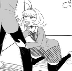 black_hair blowjob blush fellatio implied_femboy kneeling komi-san_wa_komyushou_desu licking licking_penis monochrome oral osana_najimi penis_lick tadano_hitohito white_hair