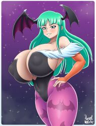 armwear azraelwebster clothing darkstalkers green_eyes green_hair head_wings huge_breasts inner_sideboob large_breasts morrigan_aensland nipples_visible_through_clothing no_bra sideboob succubus thick_thighs