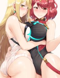 2girls absurdres ass bangs bare_shoulders big_breasts black_swimsuit blonde_hair blush breast_press breasts breath cleavage collarbone commentary covered_collarbone covered_navel dat_ass earrings female female_only hand_under_clothes hand_under_swimsuit headpiece hews_hack highres hip_focus hips huge_filesize jewelry large_breasts long_blonde_hair long_hair looking_at_viewer multiple_girls mythra mythra_(radiant_beach)_(xenoblade) nintendo one-piece_swimsuit open_mouth paid_reward patreon_reward pyra pyra_(pro_swimmer)_(xenoblade) red_eyes red_hair red_swimsuit selfcest short_hair short_red_hair sidelocks simple_background smile source_request swept_bangs swimsuit symmetrical_docking tiara two-tone_swimsuit very_long_hair white_background white_swimsuit xenoblade_(series) xenoblade_chronicles_2 yellow_eyes yuri