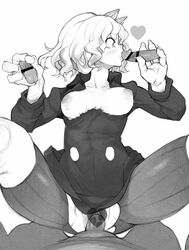 1girls aioi_u animal_ears breasts breasts_out cat_girl censored chimera_ant clothed_sex dark-skinned_male disembodied_penis fellatio female greyscale handjob heart heart_censor humanoid hunter_x_hunter interracial interspecies monochrome neferpitou oral penis short_hair shounen_jump sketch torn_clothes vaginal_penetration villainess white_hair