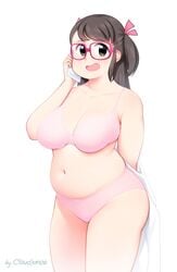 1girls ass belly big_ass big_breasts bra breasts brown_hair cellphone chubby cleavage cloudxmoe female female_only glasses human long_hair open_mouth panties slightly_chubby smile standing text thick_thighs underwear watermark white_background wide_hips