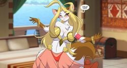 1girls anthro anthro_only belly belly_dancer big_breasts blonde_hair blue_eyes blush breasts cleavage dancer domestic_cat feline female indoors las_lindas looking_at_viewer mastergodai sarah_silkie solo tagme text voluptuous white_fur wide_hips yellow_sclera