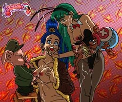 2boys 2girls antlers blue_eyes blue_hair bulma_(bunny) bulma_briefs crossover cum dragon_ball female green_eyes green_hair male neckromancer nefertari_vivi one_piece oolong paizuri pig reindeer tony_tony_chopper