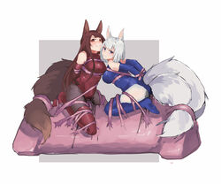 2girls akagi_(azur_lane) amiba_(amiba00638239) angry animal_ears arms_behind_back azur_lane bangs bare_shoulders black_legwear blue_eyes blue_gloves blue_legwear blue_leotard blush bondage bound bound_arms breasts brown_hair clenched_teeth elbow_gloves eyebrows_visible_through_hair female femsub fox_ears fox_girl fox_tail full_body gloves highres kaga_(azur_lane) leaning_forward leotard long_hair looking_at_viewer medium_breasts multiple_girls multiple_subs multiple_tails pantyhose parted_lips pussy pussy_juice red_eyes red_gloves red_legwear red_leotard shiny shiny_clothes short_hair simple_background straddling tail tail_bondage teeth thighhighs torn_clothes two-tone_background uncensored vaginal_penetration wet wet_clothes white_background white_hair white_legwear