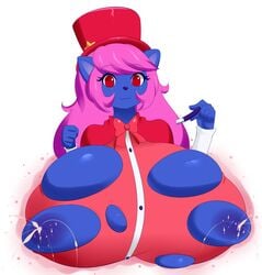 2018 anthro big_breasts blue_fur breast_expansion breasts canine clothed clothing female fox fur hair hat huge_breasts jcdr lactating long_hair looking_at_viewer mammal melody_phantasma nipples pink_hair red_eyes smile solo torn_clothing