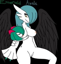 1girls alternate_color ambiguous_gender angel black_background blue_hair breast_sucking breastfeeding breasts derpball duo feathered_wings feathers female gardevoir green_hair hair humanoid interspecies kirlia milk nintendo nipples nude orange_nipples original_character pokémon_(species) pokemon pokemon_(species) pokemon_rse pussy shiny_gardevoir shiny_pokemon simple_background sucking text video_games wings