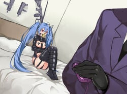 1boy amiba_(amiba00638239) antenna_hair bangs black_gloves black_legwear black_neckwear black_ribbon blue_hair blush bondage bound bound_arms bound_legs breasts controller crossed_arms dutch_angle female formal full_body gag gagged garter_straps girls'_frontline gloves gun hair_between_eyes hair_ribbon heart heart_pasties holding indoors jacket knees_up long_hair long_sleeves necktie on_bed pasties pillow purple_jacket pussy_juice red_eyes remote_control ribbon rubber_chicken shiny shiny_clothes shiny_hair shipka_(girls_frontline) shirt sitting small_breasts solo_focus straitjacket suit thighhighs tied_hair twintails very_long_hair weapon white_shirt