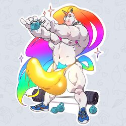 anthro biff bulge equine exercise horn hyper hyper_bulge hyper_penis male male_only mammal muscular nipple_piercing nipples penis piercing solo taoren unicorn weightlifting workout