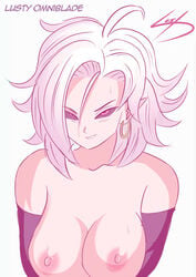 1girls 2010s android_21 black_sclera breasts curvy dark_persona dragon_ball dragon_ball_fighterz dragon_ball_z earrings exposed_breasts female humanoid large_breasts long_hair majin majin_android_21 nipples pink_skin pointy_ears red_eyes silver_hair smile thelustyomni-blade white_hair