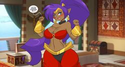 big_breasts breasts cleavage clothed genie genie_girl gold_(metal) human large_breasts long_ears long_hair looking_at_viewer mastergodai purple_hair red_clothing shantae shantae:_half-genie_hero shantae_(character) shantae_and_the_pirate's_curse smooth_skin talking_to_viewer tanned_skin