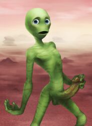 1boy alien alien_boy alien_genitalia alien_humanoid alien_only artist_request blue_eyes boulder cloud cowboy_shot cum dame_tu_cosita erection green_skin looking_at_viewer male male_focus male_only masturbation meme no_nose outdoors penis precum skinny sky solo veiny_penis