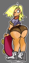 adventure_time adventure_time_distant_lands ass big_ass bronwyn dat_ass doggirl female from_behind horn looking_at_viewer looking_back monster_girl short_hair short_shorts skateboard vontesofine69 yellow_skin