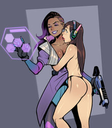 2girls asian ass breasts chocolate_and_vanilla cleavage clothed d.va dark-skinned_female dark_skin duo female female_only gun hug human human_only hypnosis interracial interracial_yuri izra kiss_mark latina light-skinned_female light_skin lipstick lipstick_mark mind_control no_bra overwatch panties partially_clothed sombra submachine_gun thong topless underwear weapon yuri