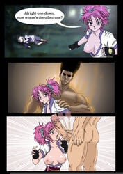 1girls 2boys breasts comic defeated english_text female gon_freecss huge_cock human hunter_x_hunter imminent_rape killua_zoldyck large_breasts large_penis long_hair machi_komacine male pale-skinned_female pale_skin penis penis_on_face phantom_troupe pink_hair rumania shounen_jump torn_clothes villainess