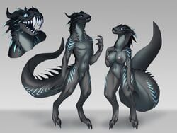 2018 animal_genitalia anthro areola black_hair blue_eyes breasts curved_horn dragoness duo female hair male nipples nude open_mouth pussy scalie sheath simple_background teeth unknown_species xenoda