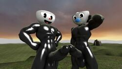 3d abs animate_inanimate anthro balls cuphead cuphead_(game) erection kennythebobcat mugman muscles muscular nude pecs penis smile source_filmmaker yaoi