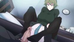 1boy 1girls akina-chan animated big_penis buckethead_ero censored clothed_female clothed_male footjob footjob_with_legwear green_hair huge_breasts huge_penis large_penis light-skinned_male original pantyhose ribbed_sweater tongue_out