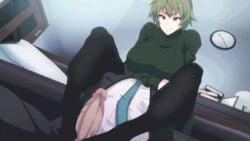 1boy 1girls akina-chan animated big_penis buckethead_ero censored clothed_female clothed_male cum ejaculation footjob footjob_with_legwear green_hair huge_breasts huge_penis large_penis light-skinned_male pantyhose ribbed_sweater stockings suit