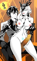 asian_male asian_male_white_female big_breasts big_penis black_hair blue_eyes clothed_male clothed_male_nude_female cryo_symbol_(genshin_impact) deaf_(artist) detailed_background elbow_gloves exposed_breasts genshin_impact geo_symbol_(genshin_impact) hoyoverse imminent_sex light-skinned_female light-skinned_male lipstick mask measuring_penetration_depth mihoyo nude_female partially_colored signora_(genshin_impact) sitting_on_lap smirk straight suit tall_female taller_male tattoo white_hair yellow_eyes zhongli_(genshin_impact)