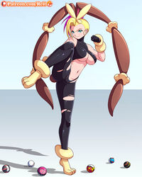 1girls ass blonde_hair breasts bunny_ears bunny_tail cameltoe cleavage cosplay curvy earrings fast_ball female female_only fighting_pose great_ball green_eyes human large_ass large_breasts leg_up looking_at_viewer lopunny lopunny_(cosplay) love_ball luxury_ball mega_lopunny_(cosplay) one_leg_up original_character patreon paws pokeball pokemon pokemon_(cosplay) pokemon_(species) pokemon_dppt premier_ball purple_hair reit roxy_(reit) short_hair smile solo spread_legs standing text timer_ball torn_pantyhose underboob url watermark