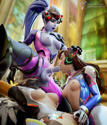 1futa 2girls 3d areolae balls blender blizzard_entertainment blonde_hair blue_skin bodysuit breasts brown_hair cum cum_in_mouth cum_inside cumshot cunnilingus d.va erection fellatio female female_on_futa full-package_futanari futa futa_on_female futanari head_grab headgear human intersex justfuta large_penis long_hair mercy nipples oral overwatch penis pimp ponytail purple_hair pussy testicles threesome widowmaker