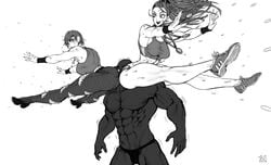 1boy 2girls abs ass_to_ass big_ass black_and_white captain_mizuki crushing dark-skinned_male dark_skin female long_hair medals monochrome muscular muscular_female muscular_male one-punch_man open_mouth ripped_clothing ripped_jeans superalloy_darkshine sweat tagme tanktop_girl thegoldensmurf white_background