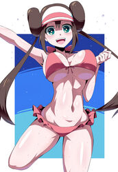 1girls abs aged_up alternate_outfit armpits belly big_eyes bikini blue_background blue_eyes blush bouncing_breasts breasts brown_hair cleavage clothed clothes double_bun eye_contact female female_only female_solo fit frilled_bikini frills game_freak hat huge_breasts human human_only large_breasts long_hair looking_at_viewer midriff navel nintendo no_nipples no_nipples_visible no_penetration no_penis no_sex no_visible_genitalia older open_eyes open_mouth pink_bikini pokemon pokemon_bw2 pose rosa_(pokemon) smile solo solo_female source_request spread_arms stomach suzusiigasuki sweat sweatdrop swimsuit thigh_gap thin_waist twintails underboob wet white_border wide_hips