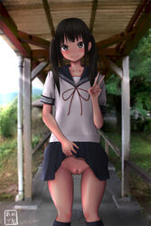 amego artist_name black_eyes black_hair blush dated female female lifted_by_self long_hair looking_at_viewer no_panties original pleated_skirt pussy school_uniform serafuku shirt skirt skirt_lift smile socks solo standing tied_hair twintails uncensored v